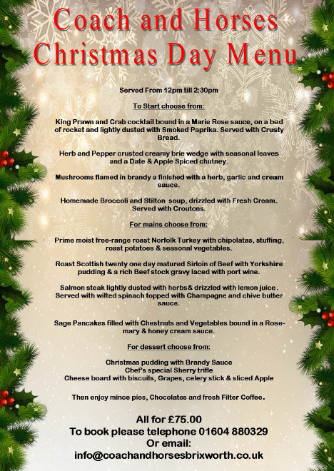 Christmas Day Menu for The Coach and Horses, Brixworth