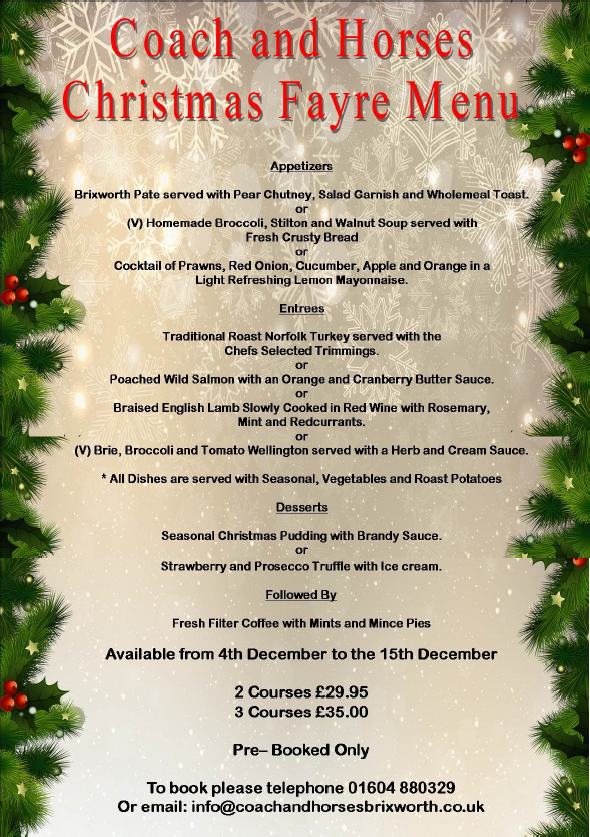 Christmas Meals at The Coach and Horses, Brixworth